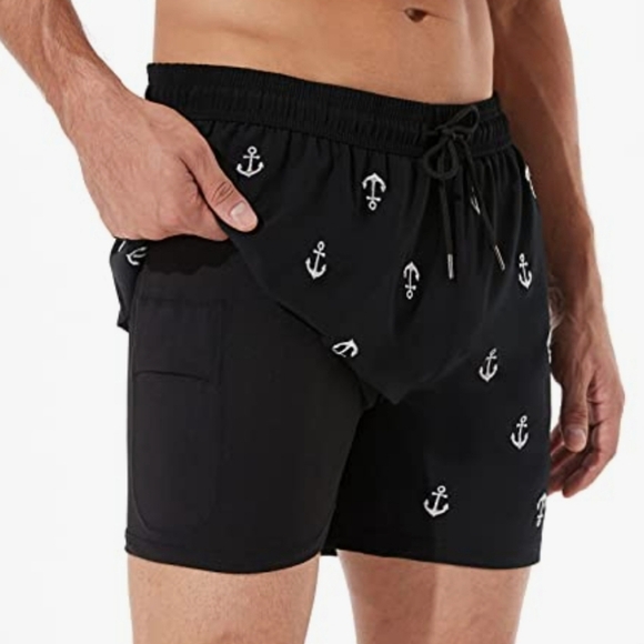 BRISIRA Compression Liner 5 Inch Inseam Swim Trunks in Black w Anchors Size M - Picture 1 of 10